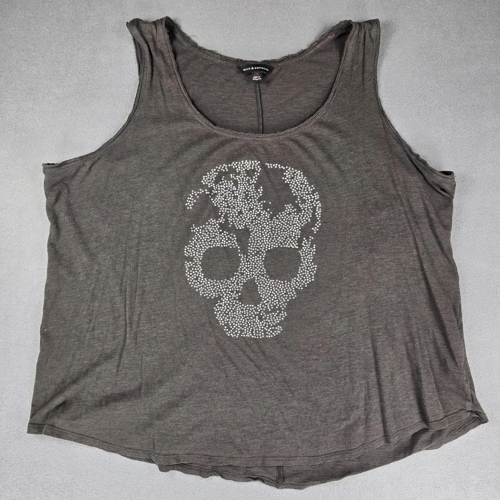 Rock & Republic Shirt Womens 2XL Gray Skull Rhinestone Tank Top Sleeveless Punk - Picture 1 of 6